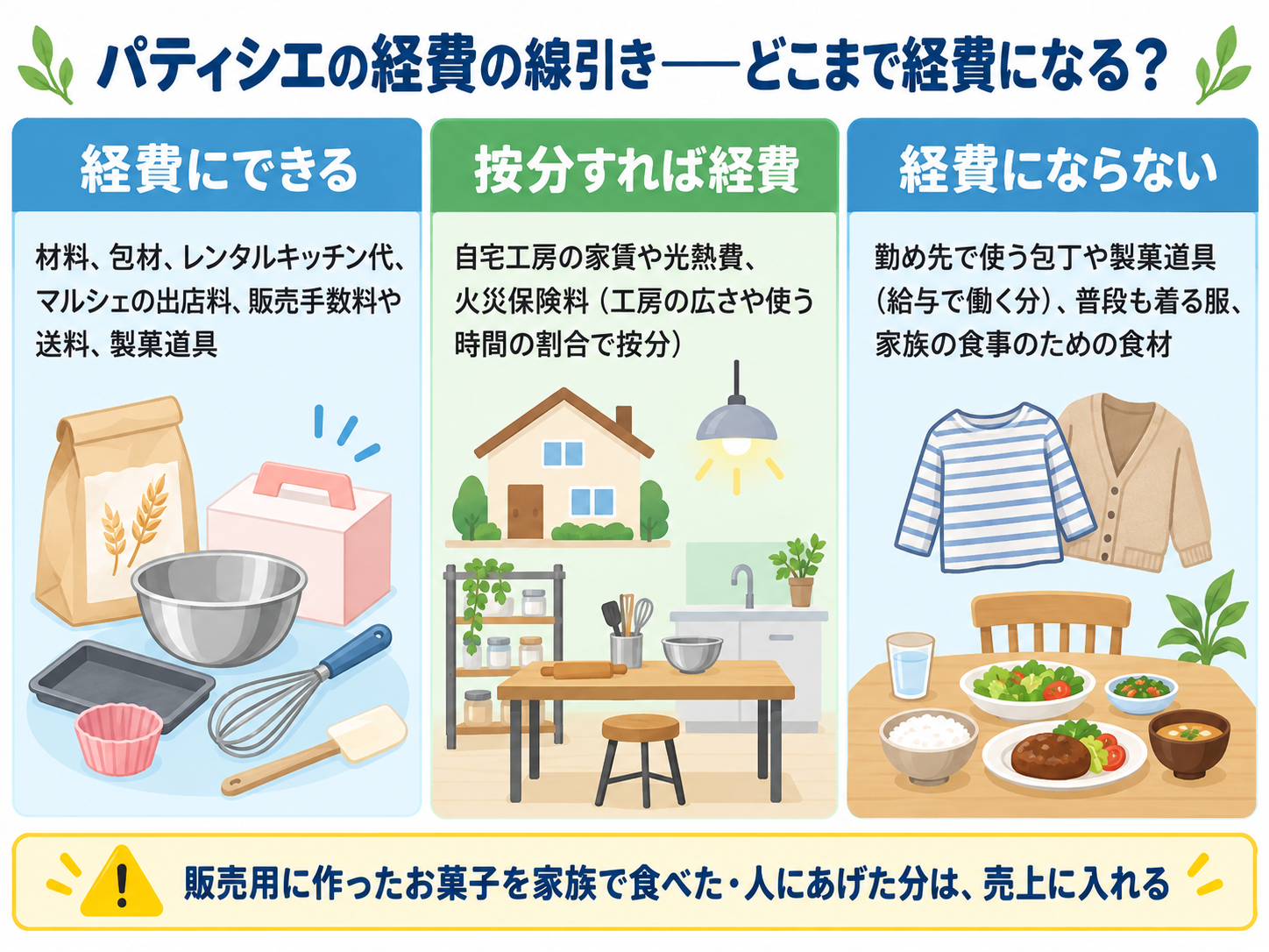 パティシエの経費の線引きを示した図解。経費にできる＝材料、包材、レンタルキッチン代、マルシェの出店料、販売手数料や送料、製菓道具。按分すれば経費＝自宅工房の家賃や光熱費、火災保険料（工房の広さや使う時間の割合で按分）。経費にならない＝勤め先で使う包丁や製菓道具（給与で働く分）、普段も着る服、家族の食事のための食材。販売用に作ったお菓子を家族で食べた・人にあげた分は、売上に入れる