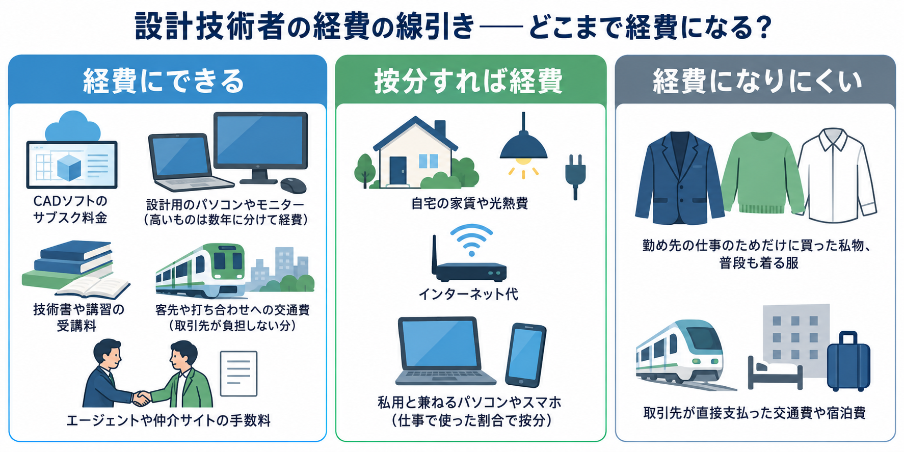 設計技術者の経費の線引きを示した図解。経費にできる=CADソフトのサブスク料金、設計用のパソコンやモニター(高いものは数年に分けて経費)、技術書や講習の受講料、客先や打ち合わせへの交通費(取引先が負担しない分)、エージェントや仲介サイトの手数料。按分すれば経費=自宅の家賃や光熱費、インターネット代、私用と兼ねるパソコンやスマホ。経費になりにくい=勤め先の仕事のためだけに買った私物、普段も着る服、取引先が直接支払った交通費や宿泊費
