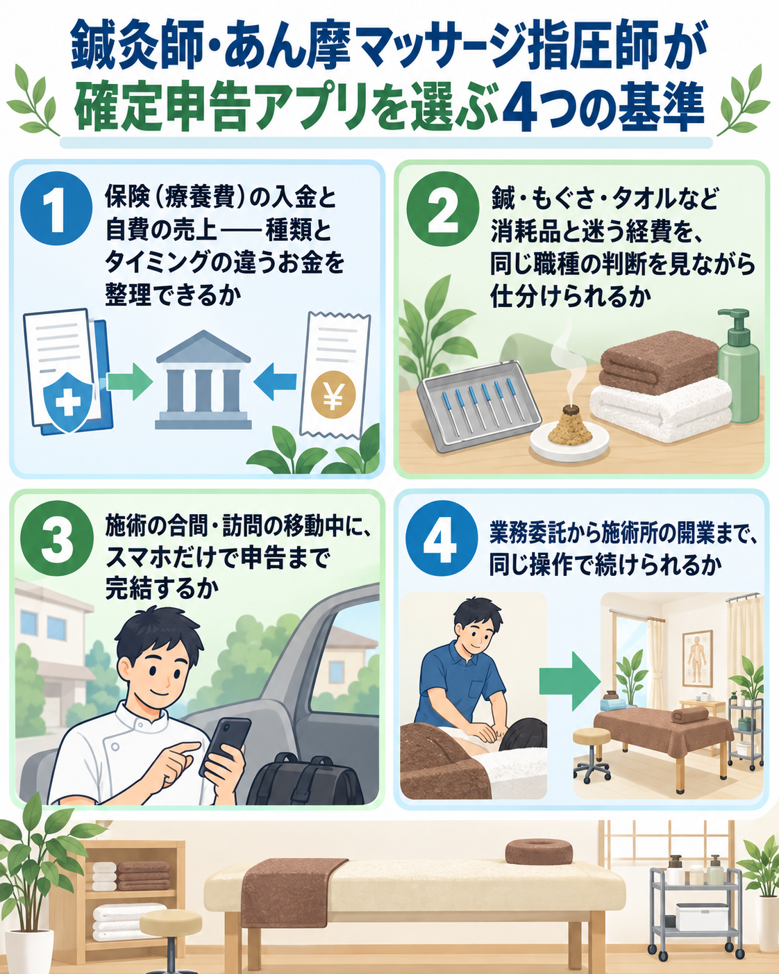 鍼灸師・あん摩マッサージ指圧師が確定申告アプリを選ぶ4つの基準を施術室の構図で示した図解。①保険(療養費)の入金と自費の売上——種類とタイミングの違うお金を整理できるか、②鍼・もぐさ・タオルなど消耗品と迷う経費を、ひとりで抱え込まずに仕分けられるか、③施術の合間・訪問の移動中に、スマホだけで申告まで完結するか、④業務委託から施術所の開業まで、同じ操作で続けられるか