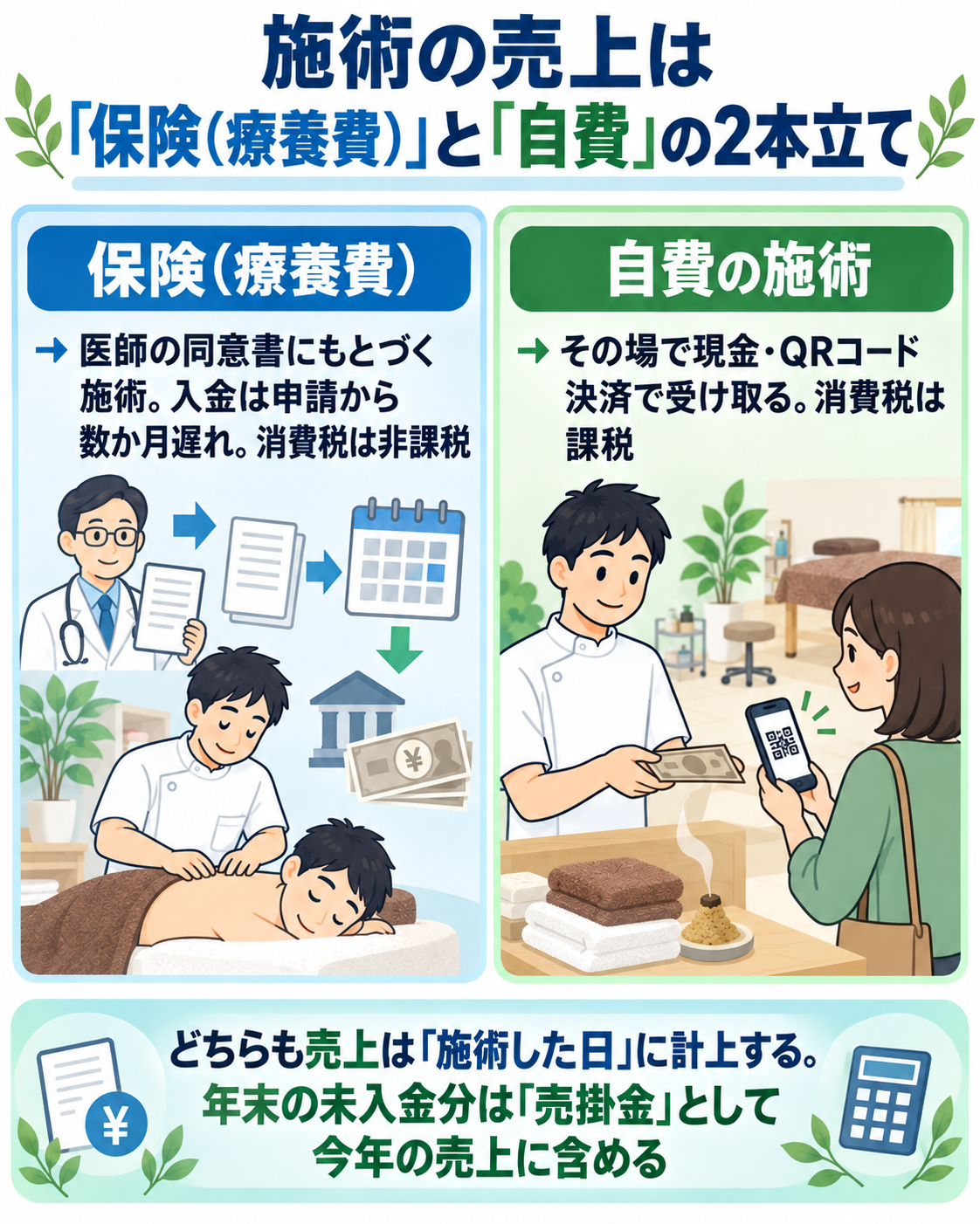 施術の売上は「保険(療養費)」と「自費」の2本立てであることを左右対比で示した図解。左は保険(療養費)=医師の同意書にもとづく施術で、入金は申請から数か月遅れ・消費税は非課税。右は自費の施術=その場で現金・QRコード決済で受け取り、消費税は課税。どちらも売上は「施術した日」に計上し、年末の未入金分は「売掛金」として今年の売上に含める