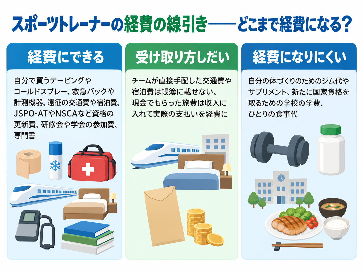スポーツトレーナーの経費の線引きを示した図解。経費にできる＝自分で買うテーピングやコールドスプレー、救急バッグや計測機器、遠征の交通費や宿泊費、JSPO-ATやNSCAなど資格の更新費、研修会や学会の参加費、専門書。受け取り方しだい＝チームが直接手配した交通費や宿泊費は帳簿に載せない、現金でもらった旅費は収入に入れて実際の支払いを経費に。経費になりにくい＝自分の体づくりのためのジム代やサプリメント、新たに国家資格を取るための学校の学費、ひとりの食事代