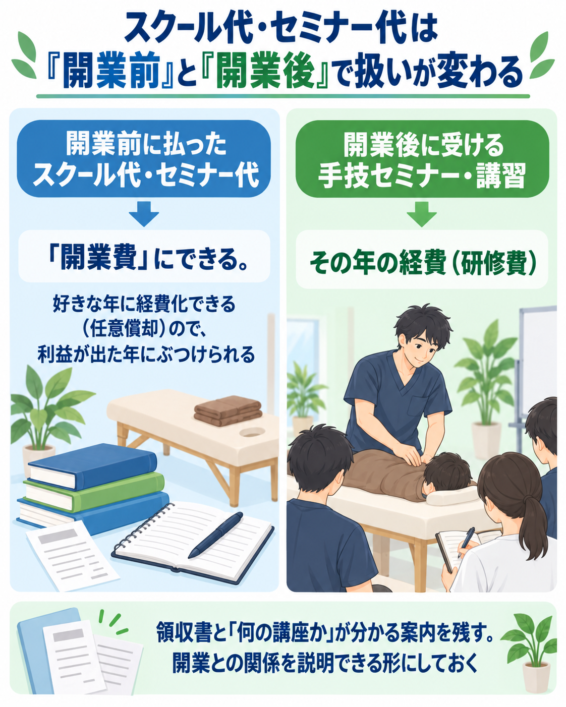 スクール代・セミナー代は「開業前」と「開業後」で扱いが変わることを左右対比で示した図解。左は開業前に払ったスクール代・セミナー代＝「開業費」にできる。好きな年に経費化できる（任意償却）ので、利益が出た年にぶつけられる。右は開業後に受ける手技セミナー・講習＝その年の経費（研修費）。領収書と「何の講座か」が分かる案内を残し、開業との関係を説明できる形にしておく