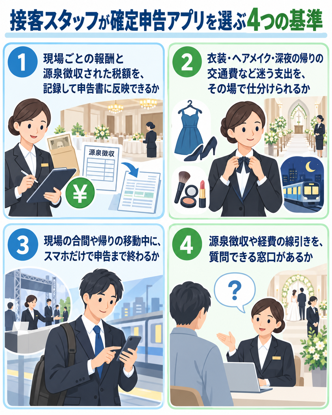 接客スタッフが確定申告アプリを選ぶ4つの基準を示した図解。①現場ごとの報酬と源泉徴収された税額を、記録して申告書に反映できるか、②衣装・ヘアメイク・深夜の帰りの交通費など迷う支出を、その場で仕分けられるか、③現場の合間や帰りの移動中に、スマホだけで申告まで終わるか、④源泉徴収や経費の線引きを、質問できる窓口があるか