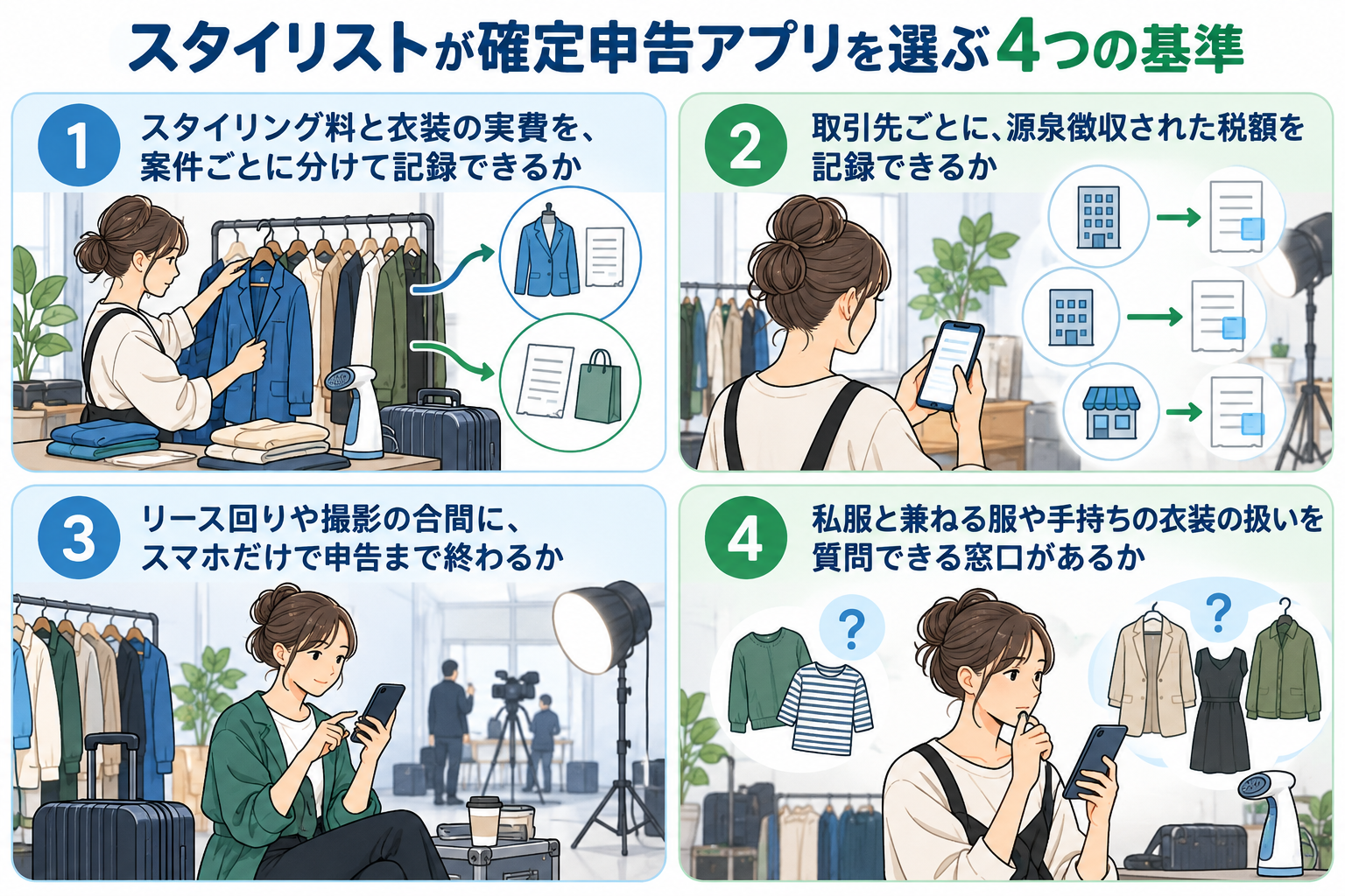 スタイリストが確定申告アプリを選ぶ4つの基準を示した図解