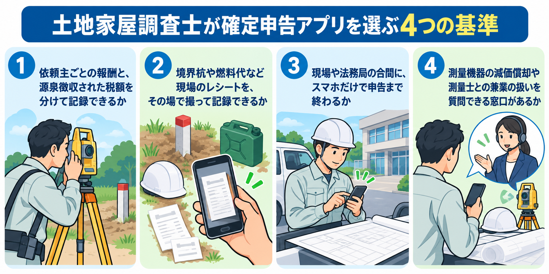 土地家屋調査士が確定申告アプリを選ぶ4つの基準を示した図解