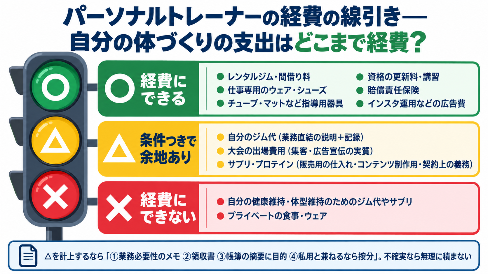 パーソナルトレーナーの経費の線引きを○・△・×の3段に仕分けた信号機型の図解。○経費にできる＝レンタルジム・間借り料、仕事専用のウェア・シューズ、チューブ・マットなど指導用器具、資格の更新料・講習、賠償責任保険、インスタ運用などの広告費。△条件つきで余地あり＝自分のジム代（業務直結の説明＋記録）、大会の出場費用（集客・広告宣伝の実質）、サプリ・プロテイン（販売用の仕入れ・コンテンツ制作用・契約上の義務）。×経費にできない＝自分の健康維持・体型維持のためのジム代やサプリ、プライベートの食事・ウェア。下部に△を計上する場合の作法4点（業務必要性のメモ・領収書・帳簿の摘要に目的・私用と兼ねるなら按分）