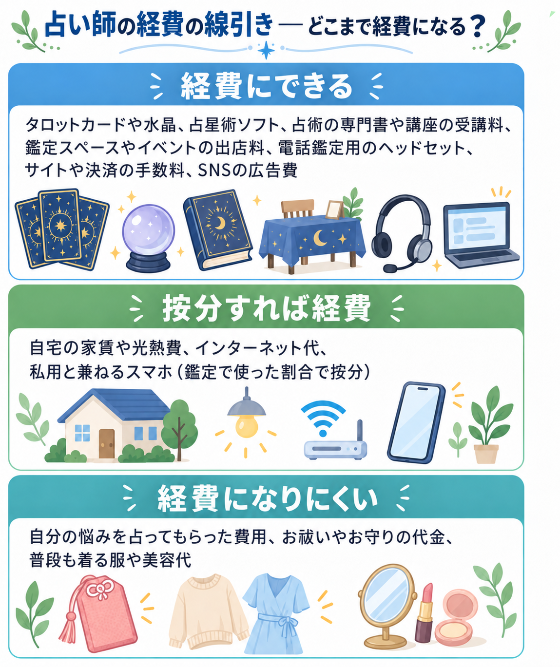 占い師の経費の線引きを示した図解。経費にできる=タロットカードや水晶、占星術ソフト、占術の専門書や講座の受講料、鑑定スペースやイベントの出店料、電話鑑定用のヘッドセット、サイトや決済の手数料、SNSの広告費。按分すれば経費=自宅の家賃や光熱費、インターネット代、私用と兼ねるスマホ(鑑定で使った割合で按分)。経費になりにくい=自分の悩みを占ってもらった費用、お祓いやお守りの代金、普段も着る服や美容代