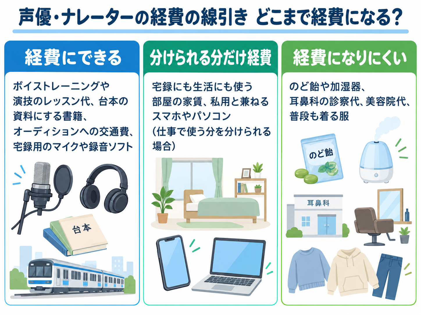 声優・ナレーターの経費の線引き どこまで経費になる?を示した図解。経費にできる=ボイストレーニングや演技のレッスン代、台本の資料にする書籍、オーディションへの交通費、宅録用のマイクや録音ソフト、分けられる分だけ経費=宅録にも生活にも使う部屋の家賃、私用と兼ねるスマホやパソコン(仕事で使う分を分けられる場合)、経費になりにくい=のど飴や加湿器、耳鼻科の診察代、美容院代、普段も着る服