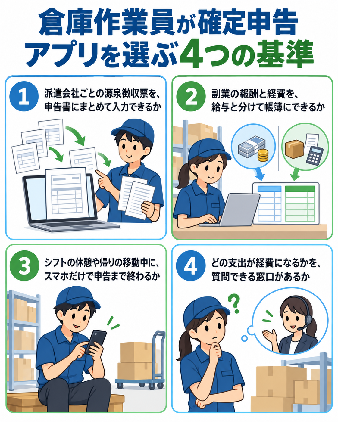倉庫作業員が確定申告アプリを選ぶ4つの基準を示した図解。①派遣会社ごとの源泉徴収票を、申告書にまとめて入力できるか、②副業の報酬と経費を、給与と分けて帳簿にできるか、③シフトの休憩や帰りの移動中に、スマホだけで申告まで終わるか、④どの支出が経費になるかを、質問できる窓口があるか