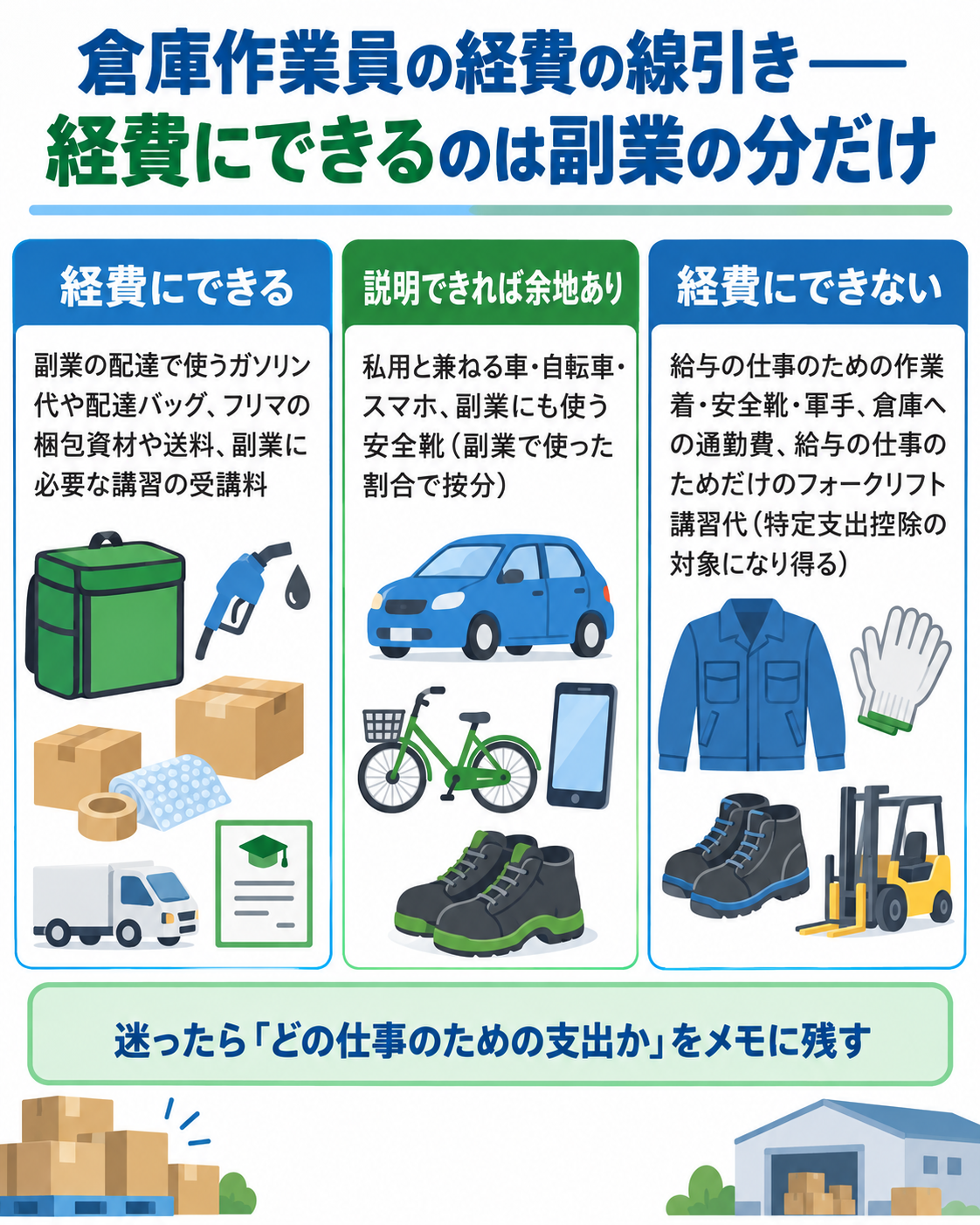 倉庫作業員の経費の線引きを3段で示した図解。経費にできる=副業の配達で使うガソリン代や配達バッグ、フリマの梱包資材や送料、副業に必要な講習の受講料。説明できれば余地あり=私用と兼ねる車・自転車・スマホ、副業にも使う安全靴(副業で使った割合で按分)。経費にできない=給与の仕事のための作業着・安全靴・軍手、倉庫への通勤費、給与の仕事のためだけのフォークリフト講習代(特定支出控除の対象になり得る)。迷ったら「どの仕事のための支出か」をメモに残す